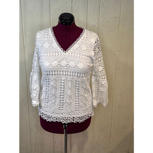 Skies are Blue Anthropologie White Lace Eyelet Bell Sleeve Blouse , Size M,